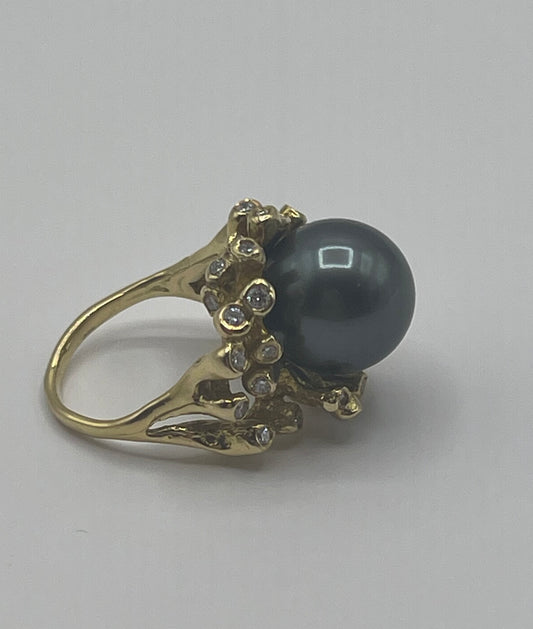 KIMBERLIN BROWN Tahitian Pearl & Diamond Barnacle Ring