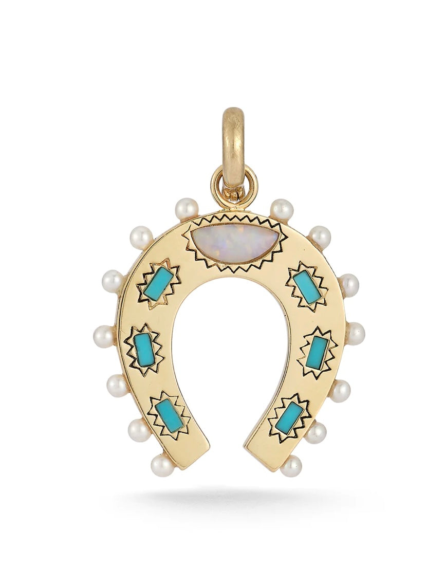14k Gold, Turquoise, Opal & Pearl Holly Horseshoe Charm